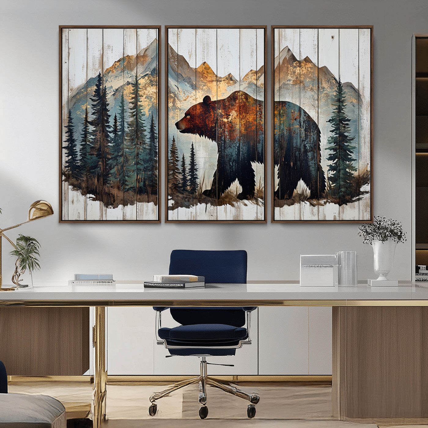 55777-MGV-CV-36X24-Rustic Grizzly 399 Bear and Mountain Wood Canvas Wall Art - Framed Nature Artwork with Forest