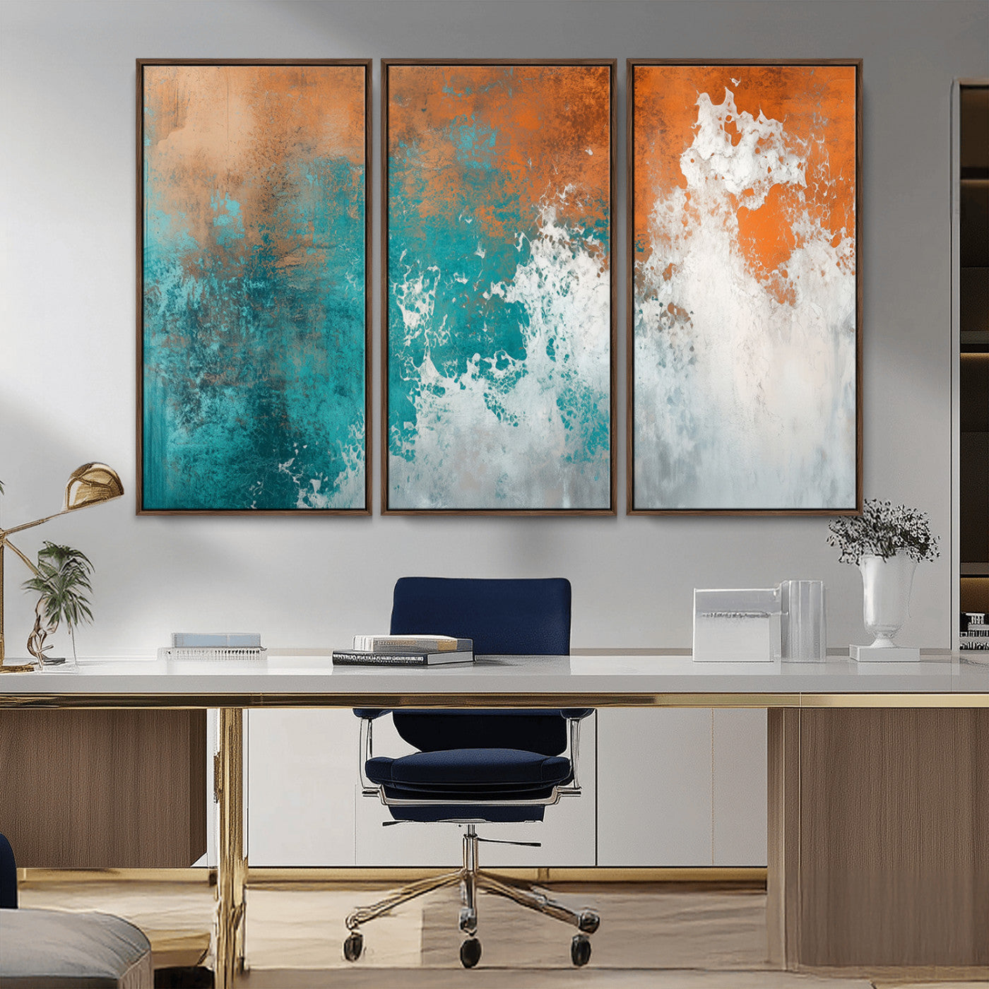 MGV-FC-48X32-3P - Vintage Abstract Print - Bold Teal and Orange Canvas Wall Art - Retro-Vintage Abstract Orange Canvas