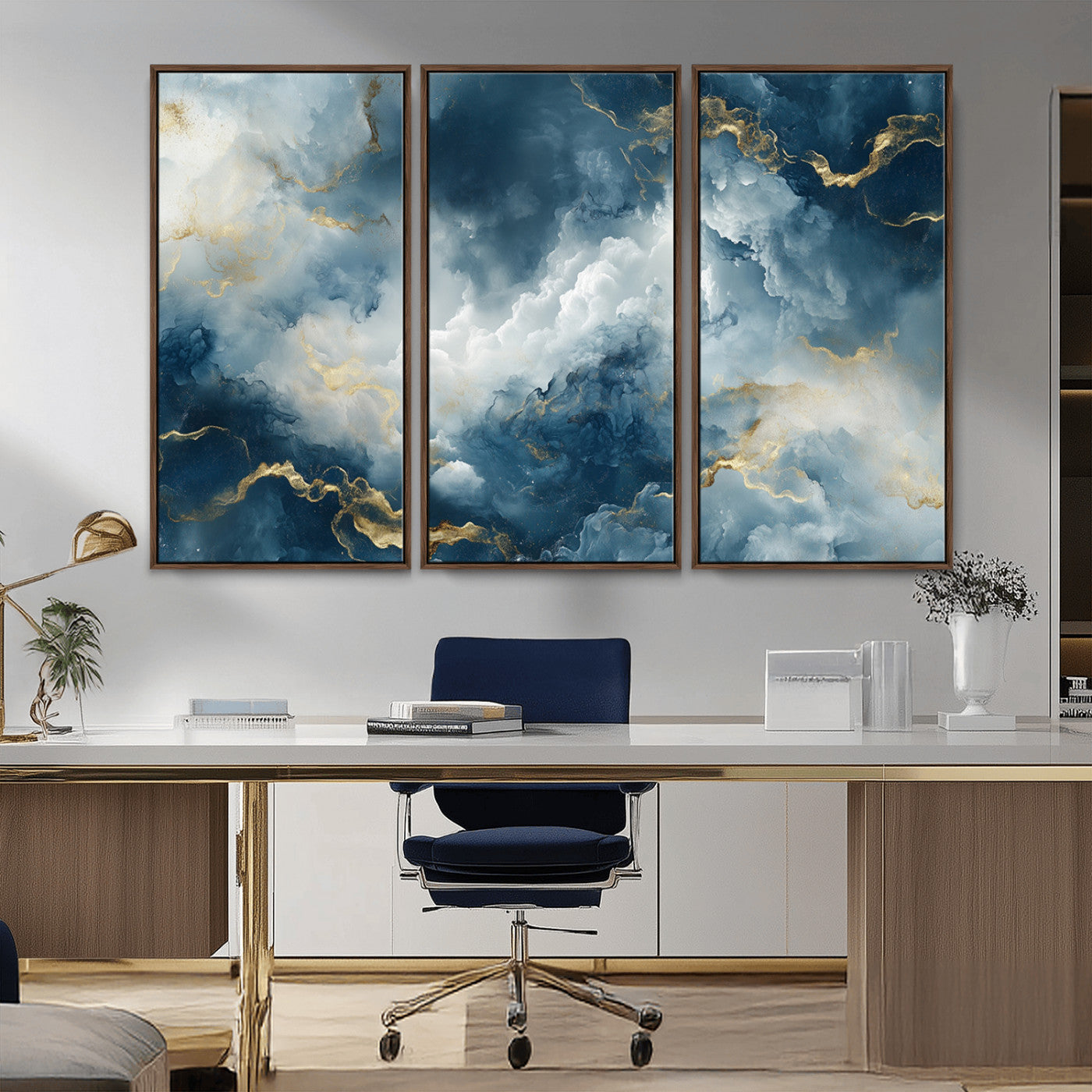 MGV-FC-48X32-3P - Large Abstract Print - Luxe Blue and Gold Abstract Canvas Wall Art - Bold Cloudscape Canvas for