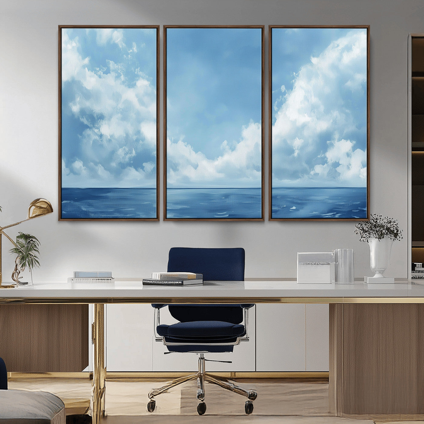 MGV-FC-48X32-3P - Abstract Ocean Print Artwork- Serene Blue Ocean Canvas Wall Art - Minimalist Ocean and Sky Canvas