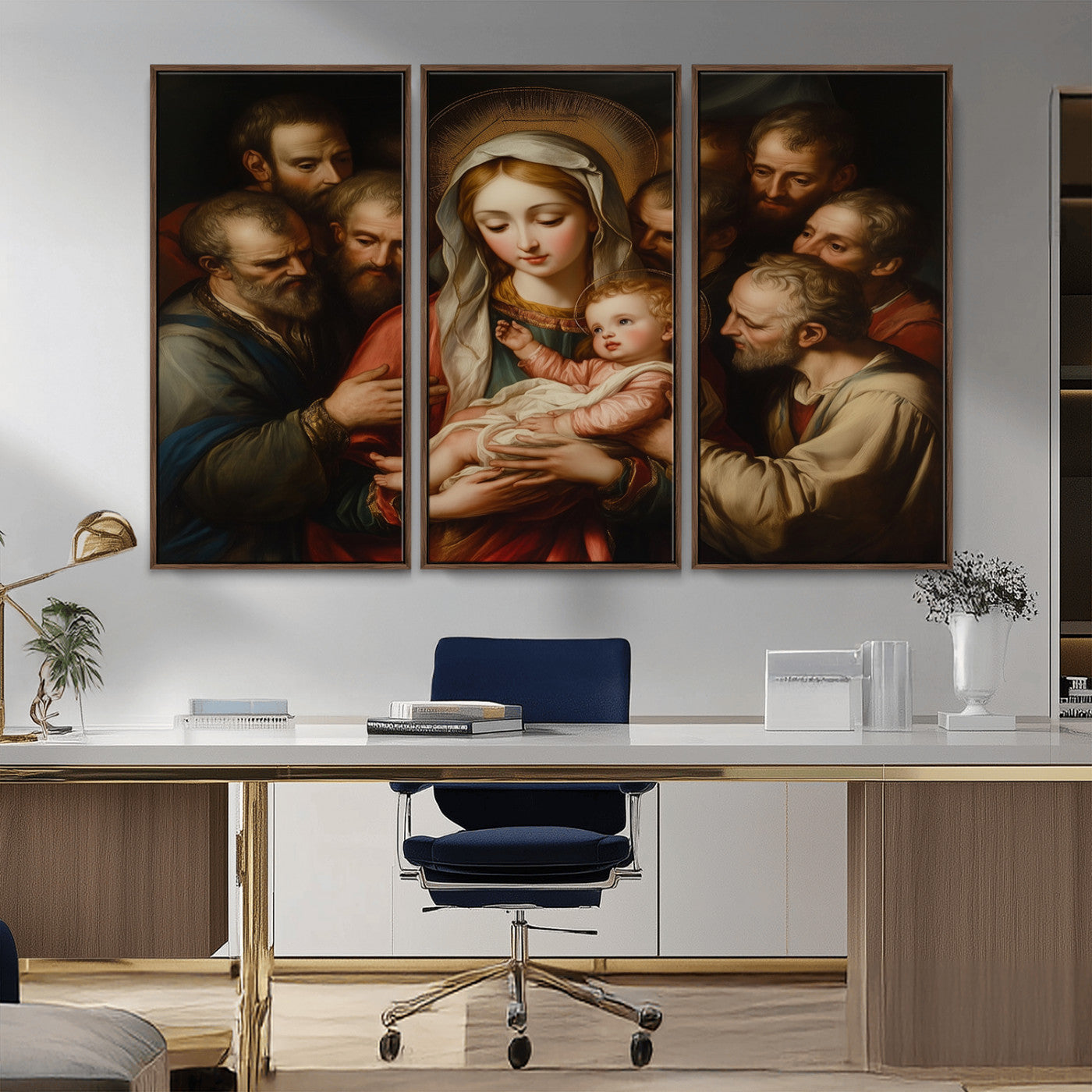 MGV-FC-48X32-3P - Religious Canvas Wall Art Print - Madonna and Child with Apostles Art Print - Classic Christian