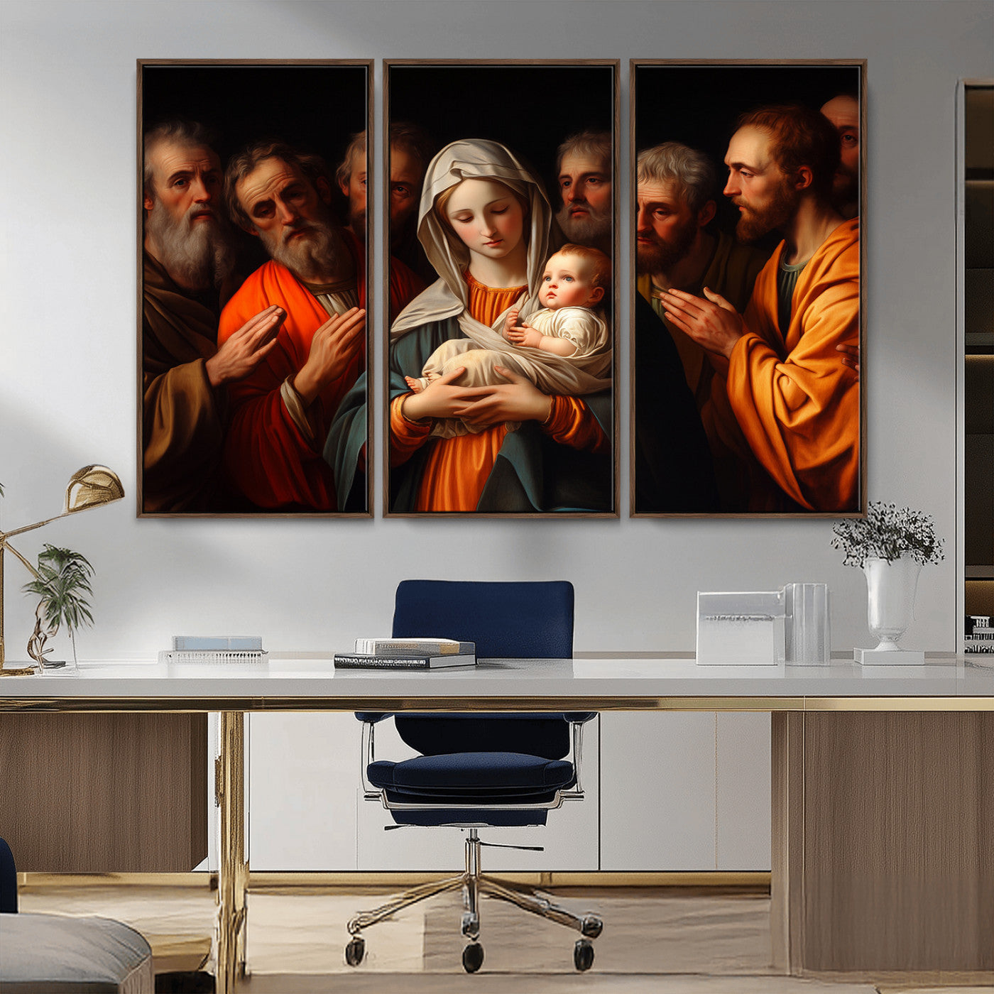 MGV-FC-48X32-3P - Religious Canvas Wall Art Print - Madonna and Child with Apostles Art Print - Classic Christian