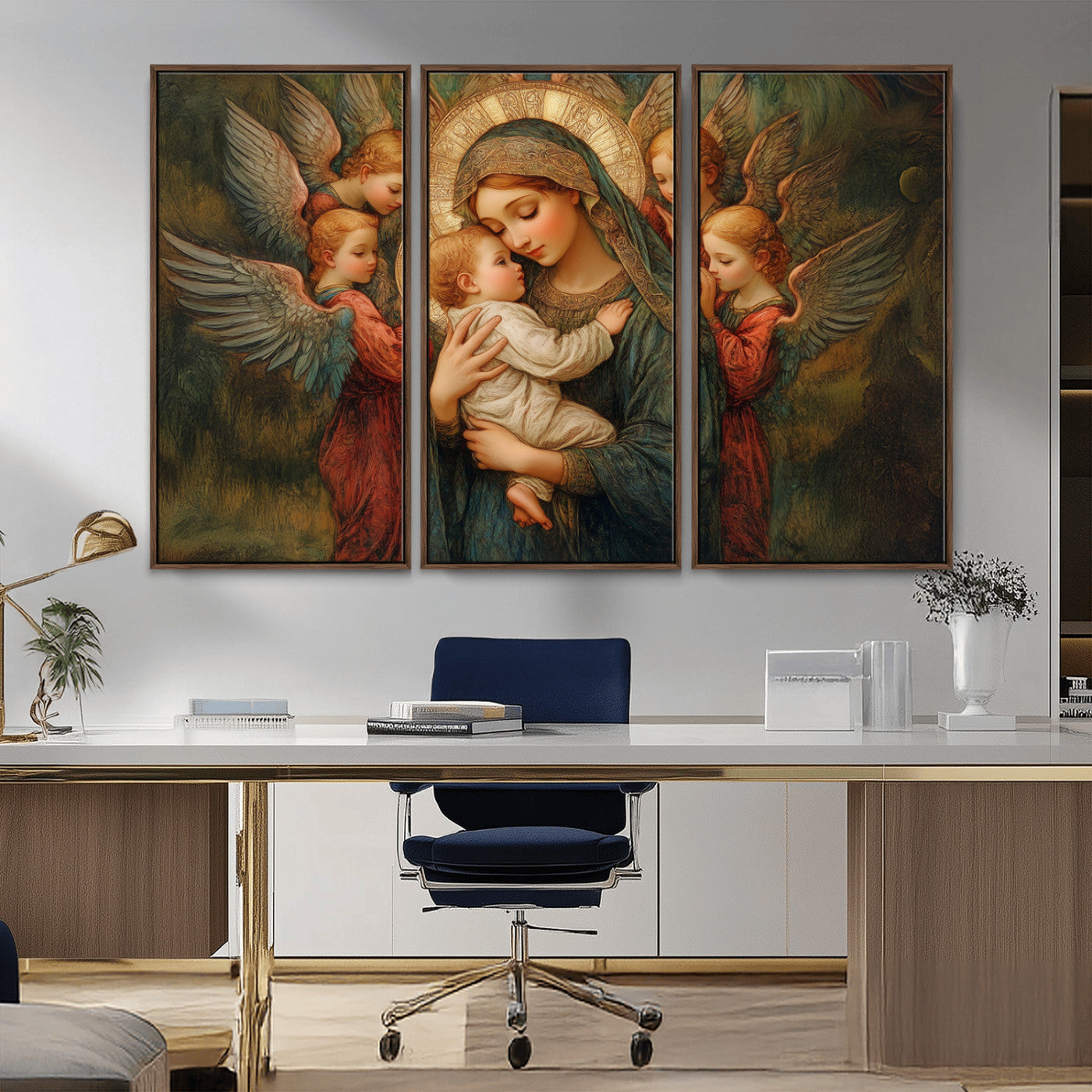 MGV-FC-48X32-3P - Mary Jesus Canvas Wall Art Print - Madonna and Child with Angels Art Print - Classic Christian