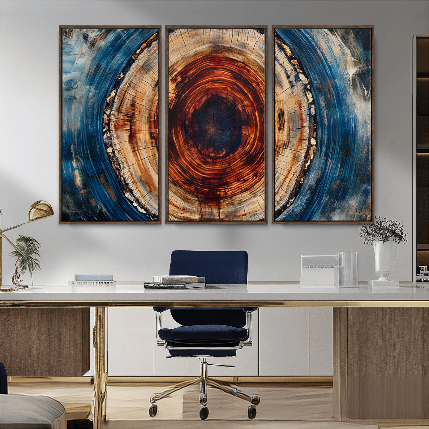 MGV-FC-48X32-3P - Abstract Framed Tree Rings Wall Decor, Wood Grain Rings Artwork Print, Nature Woodland Modern Wall