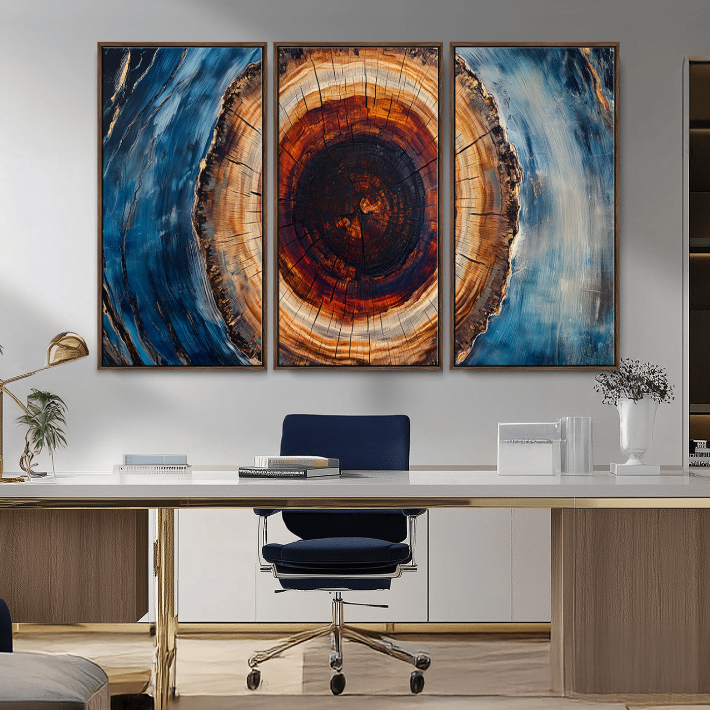 MGV-FC-48X32-3P - Framed Abstract Tree Ring Wall Art Print, Natural Rustic Wood Texture Canvas Print, Wood Tree Stump