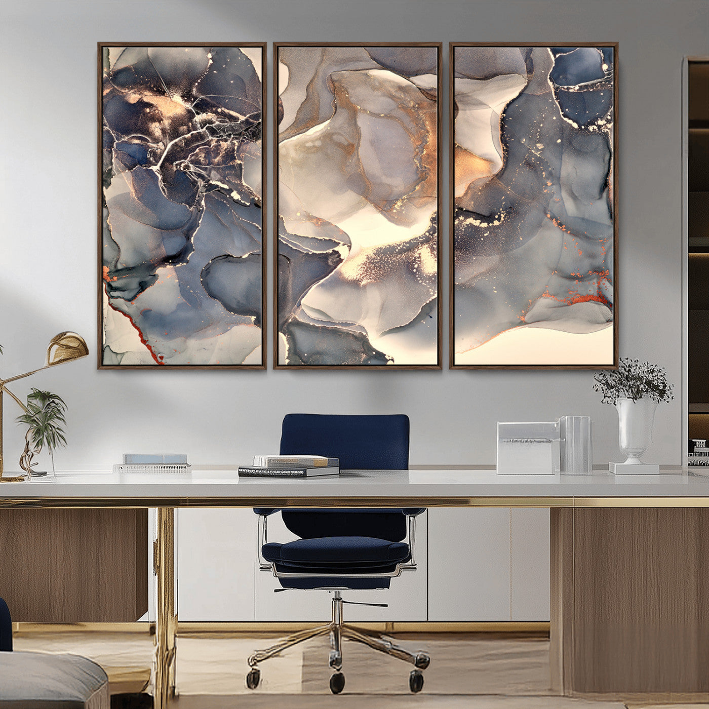 MGV-FC-48X32-3P - Abstract Blue and Gold Wall Art - Fluid Ink Artwork - Modern Luxury Wall Decor for Contemporary