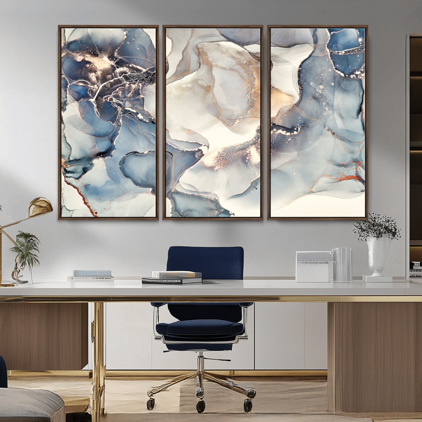 MGV-FC-48X32-3P - Abstract Blue and Gold Canvas Wall Art - Fluid Ink Artwork - Modern Luxury Wall Decor for Contemporary Interiors