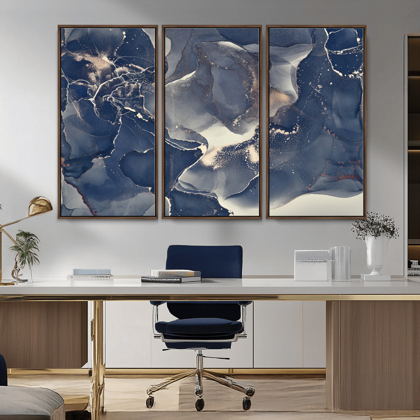 MGV-FC-48X32-3P - Large Abstract Blue and Gold Canvas Wall Art | Fluid Ink Artwork Print | Luxury Wall Decor for