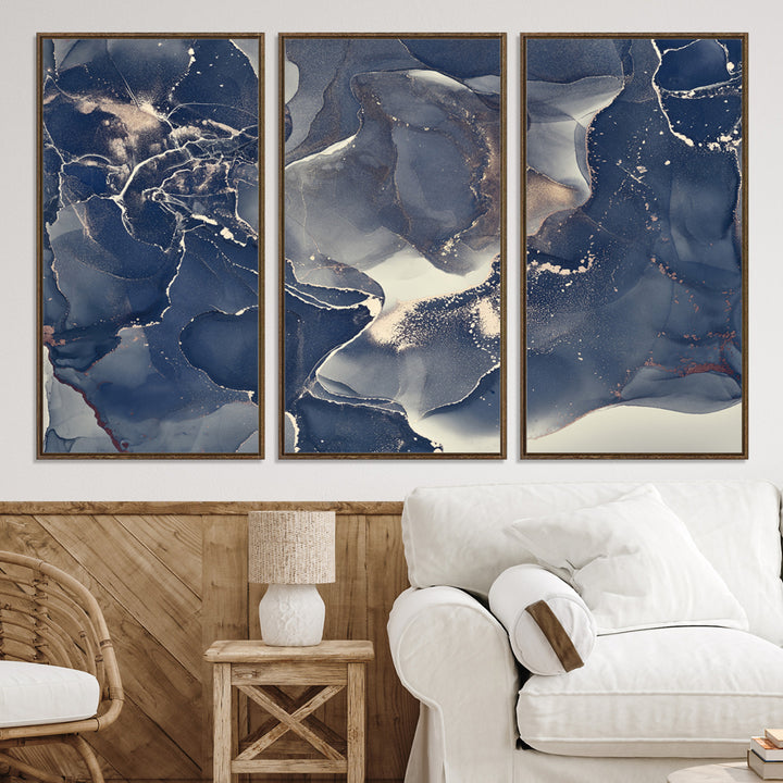 Large Abstract Blue and Gold Canvas Wall Art | Fluid Ink Artwork Print | Luxury Wall Decor for Contemporary Interiors | Framed Ready to Hang