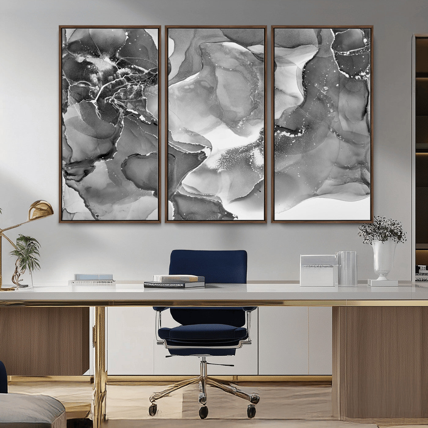 MGV-FC-48X32-3P - Black White Abstract Canvas Wall Art - Fluid Ink Artwork - Modern Luxury Wall Decor for Contemporary