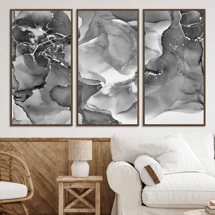 Black White Abstract Canvas Wall Art - Fluid Ink Artwork - Modern Luxury Wall Decor for Contemporary Interiors