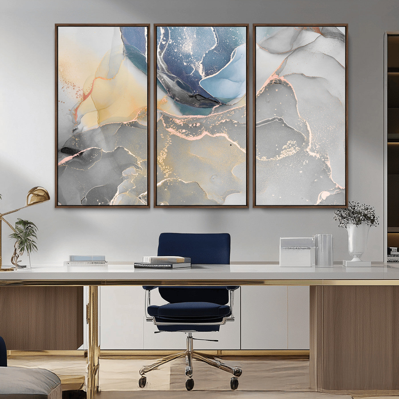 MGV-FC-48X32-3P - Large Abstract Blue and Gold Canvas Wall Art | Fluid Ink Artwork Print | Luxury Wall Decor for