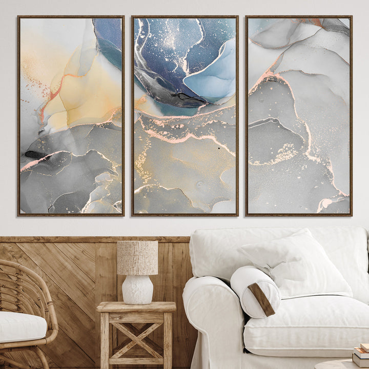 Large Abstract Blue and Gold Canvas Wall Art | Fluid Ink Artwork Print | Luxury Wall Decor for Contemporary Interiors | Framed Blue and Gold