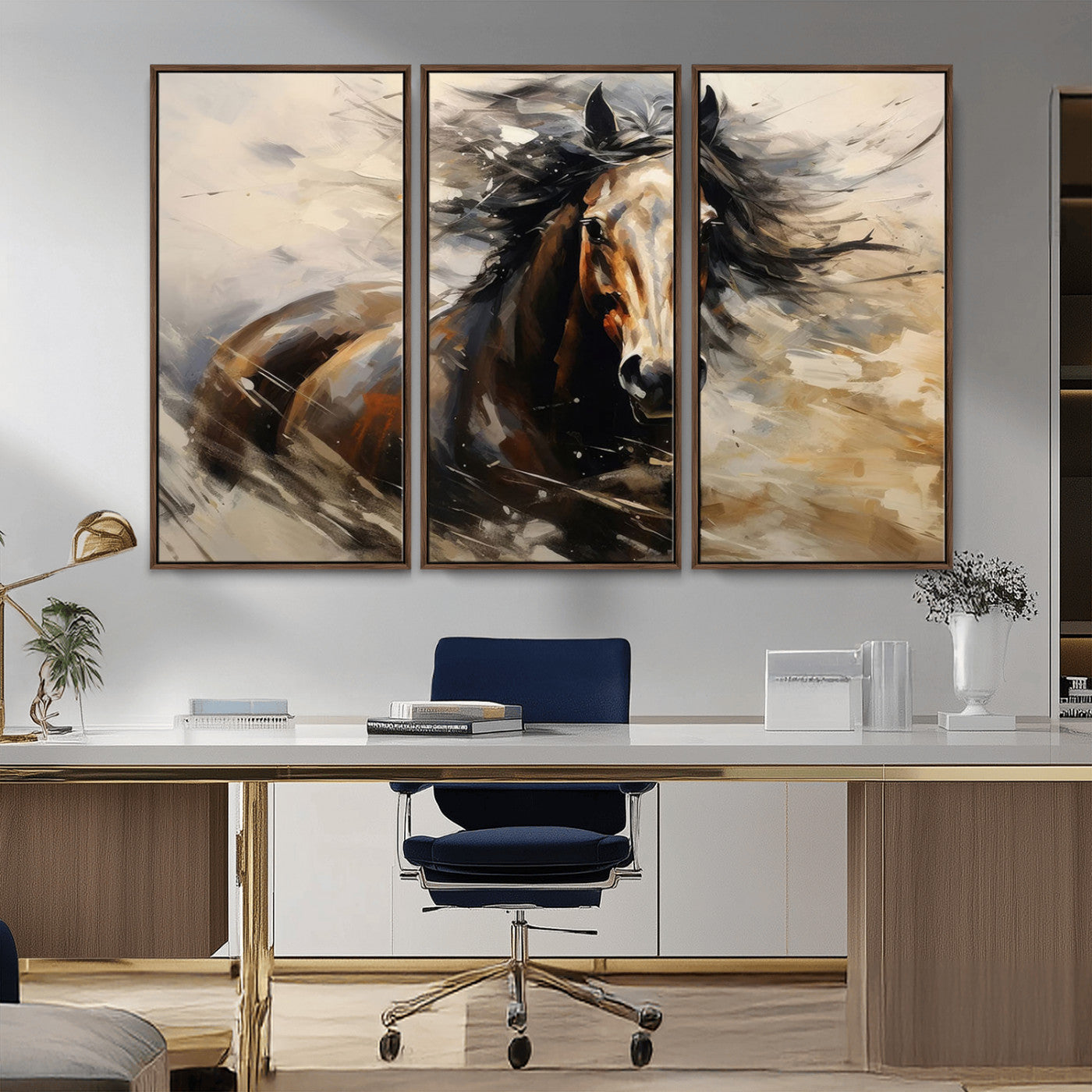 MGV-FC-48X32-3P - Abstract Wall Art Horse Print - Large Western Horse Canvas - Farmhouse Woodland Wall Art - Framed