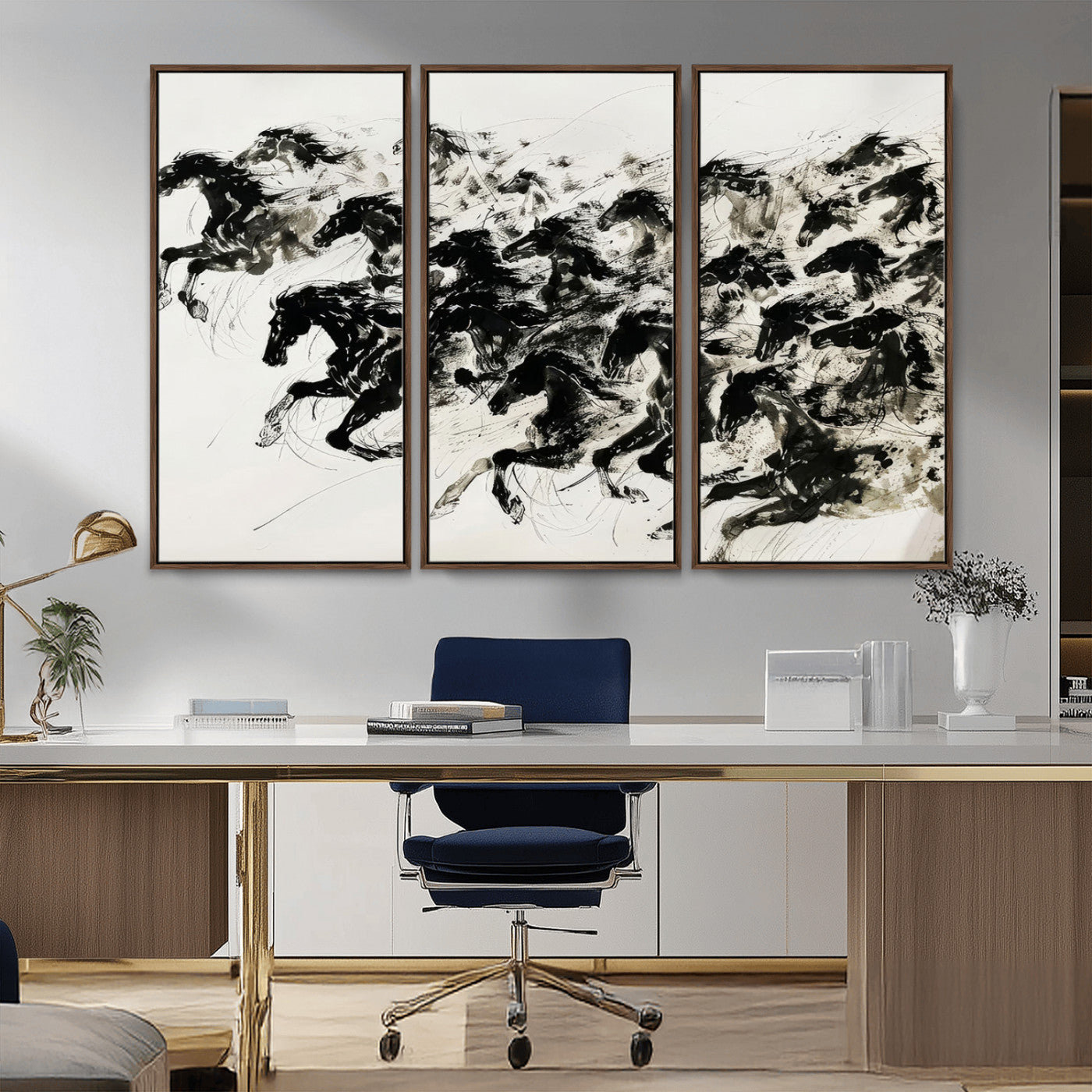 MGV-FC-48X32-3P - Abstract Horse Wall Art Canvas Print - Dynamic Black Ink Horse Print - Modern Equine Wall Decor for