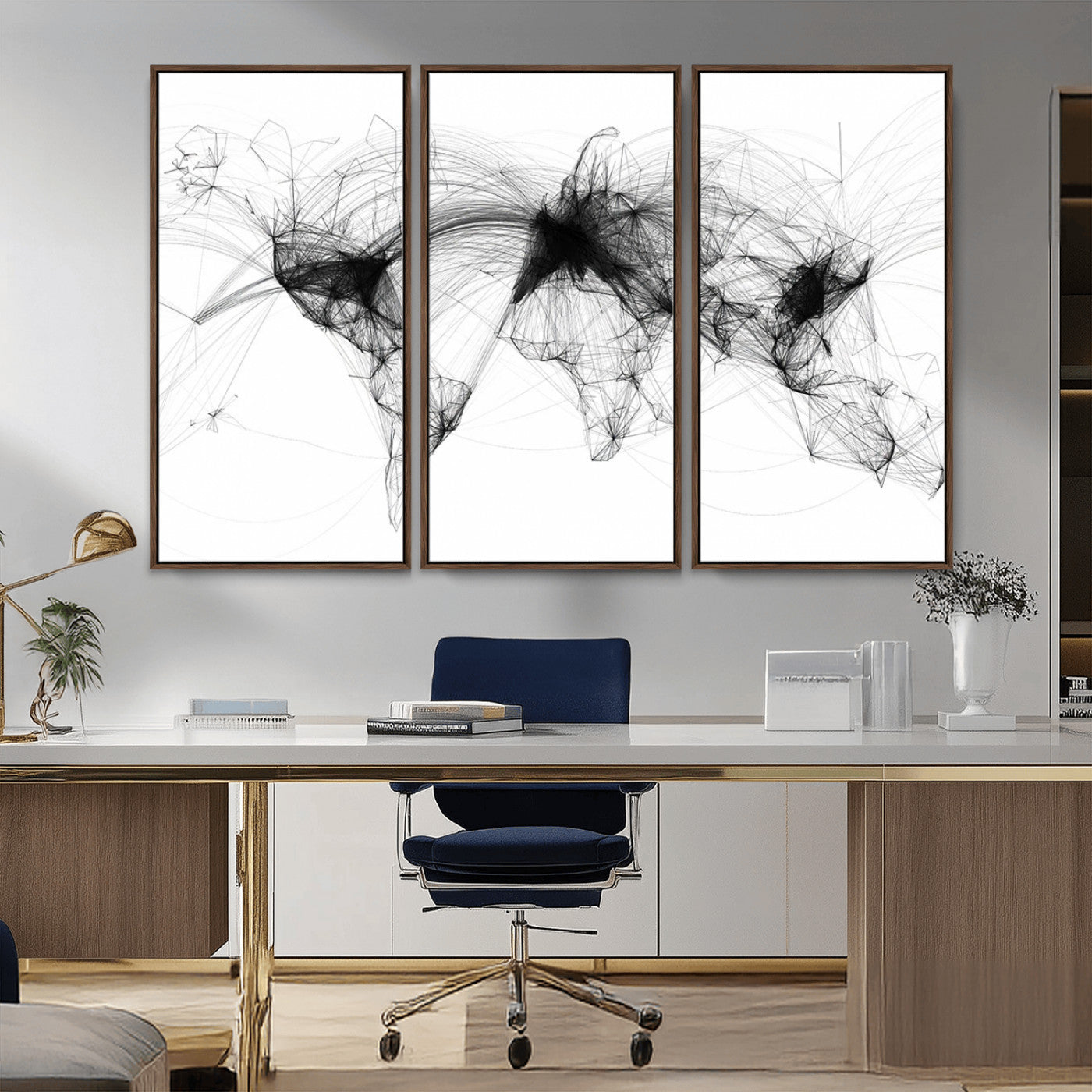 A minimalist abstract world map created from interconnected black lines representing global connectivity and communication networks.