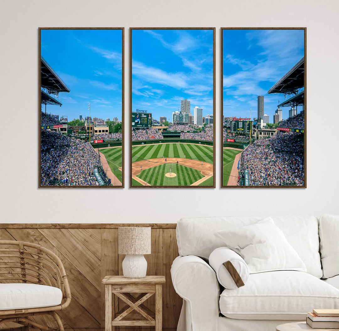 Panoramic view of Wrigley Field, ideal for the Wrigley Field Chicago Cubs Panoramic Canvas Wall Art - Ready to Hang.