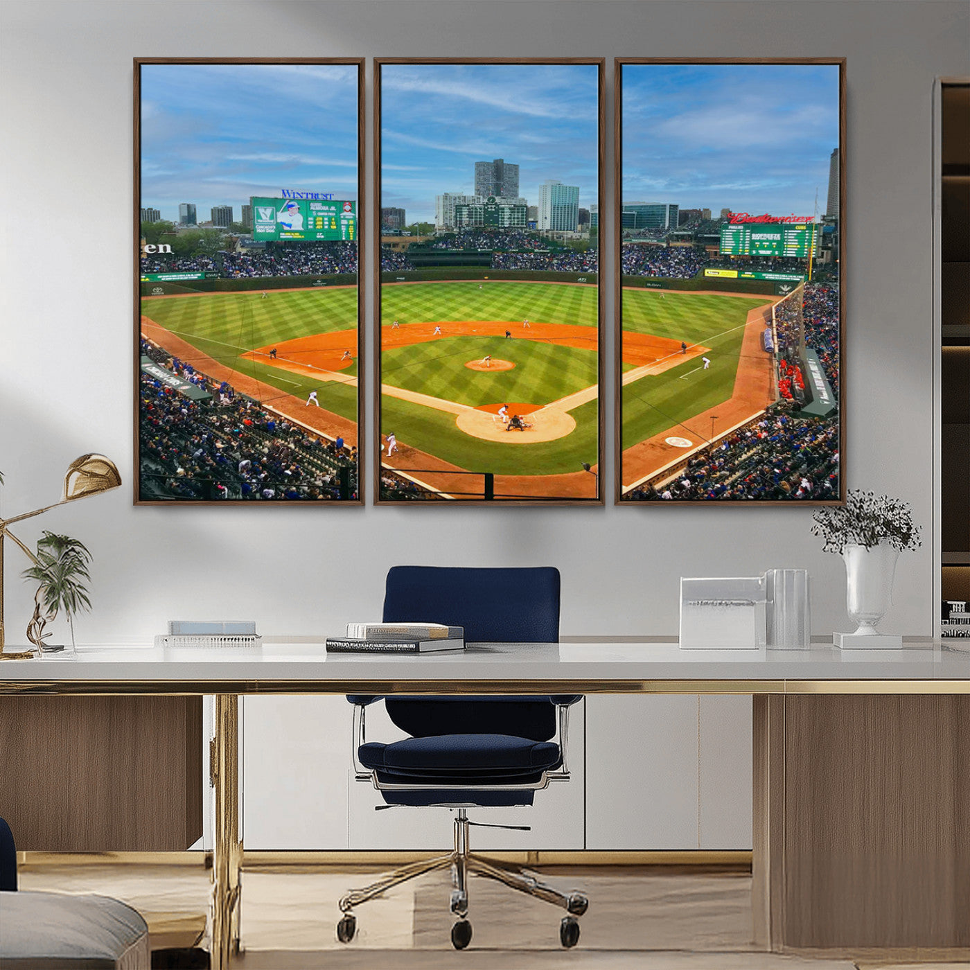 MGV-FC-48X32-3P - Wrigley Field Chicago Cubs Panoramic Multi Piece Canvas Wall Art - Iconic Baseball Stadium Print for