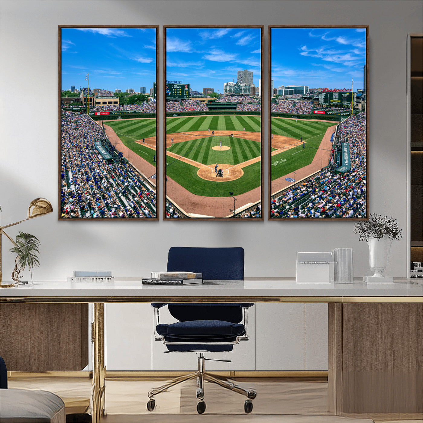 MGV-FC-48X32-3P - Wrigley Field Chicago Cubs Panoramic Multi Piece Canvas Wall Art - Iconic Baseball Stadium Print for