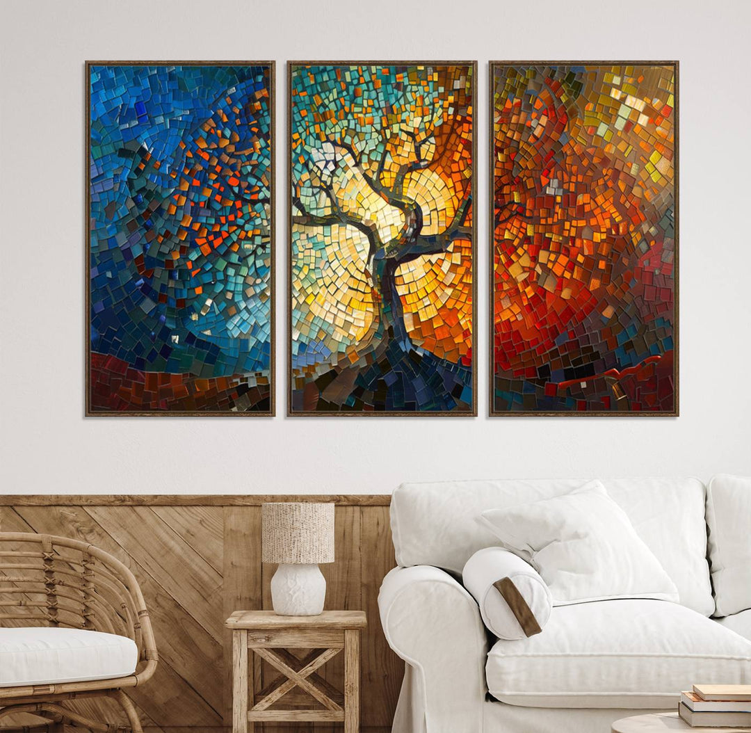 Mosaic Tree Canvas Wall Art: A stunning stained glass-inspired Tree of Life featuring blue and orange swirling patterns reminiscent of a sunburst.