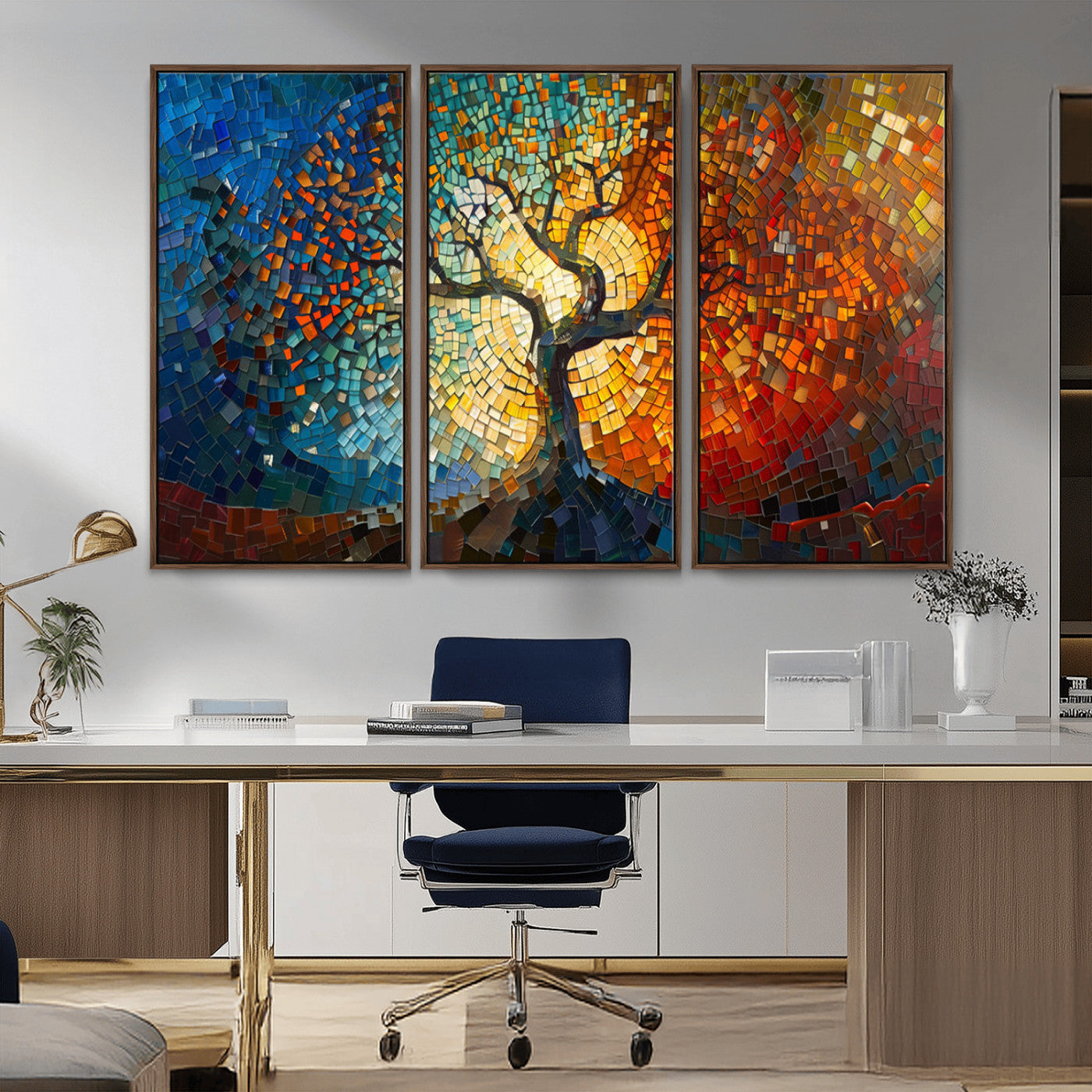 MGV-FC-48X32-3P - Mosaic Tree Canvas Wall Art Canvas Print – Vibrant Stained Glass-Inspired Tree of Life - Ready to