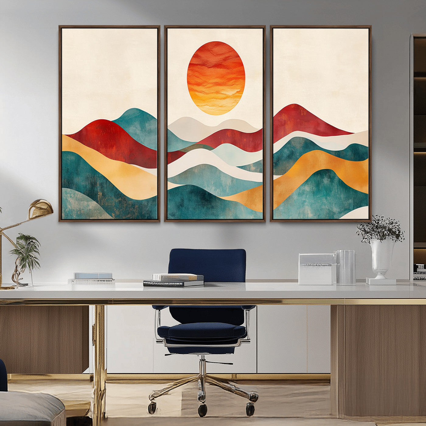 MGV-FC-48X32-3P - Southwest Mountain Canvas - Boho Triptych Wall Art - Rustic Woodland Nursery Decor - Abstract Nature