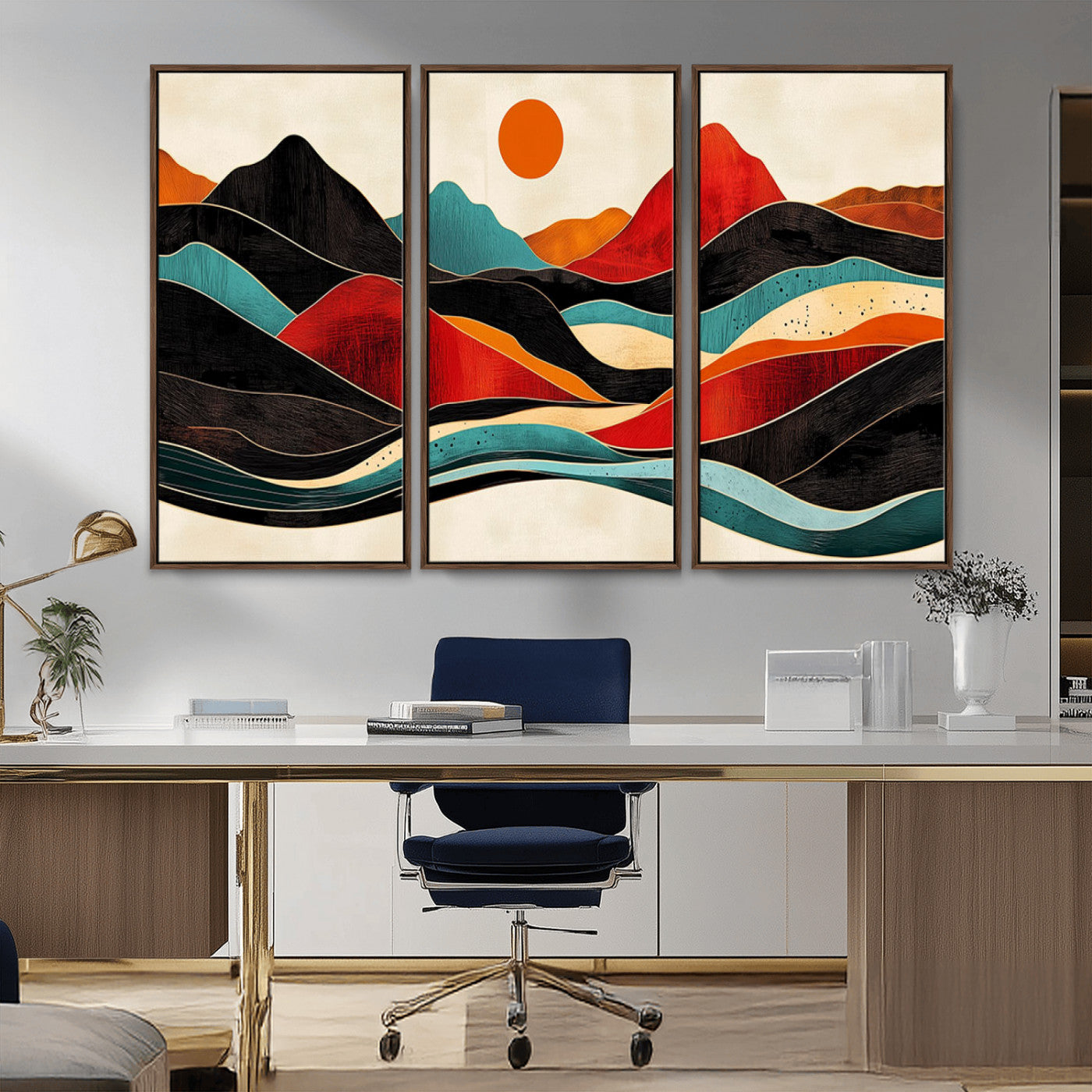 MGV-FC-48X32-3P - Western Wall Decor - Large Triptych Mountain Canvas - Boho Woodland Wall Art Print - Framed