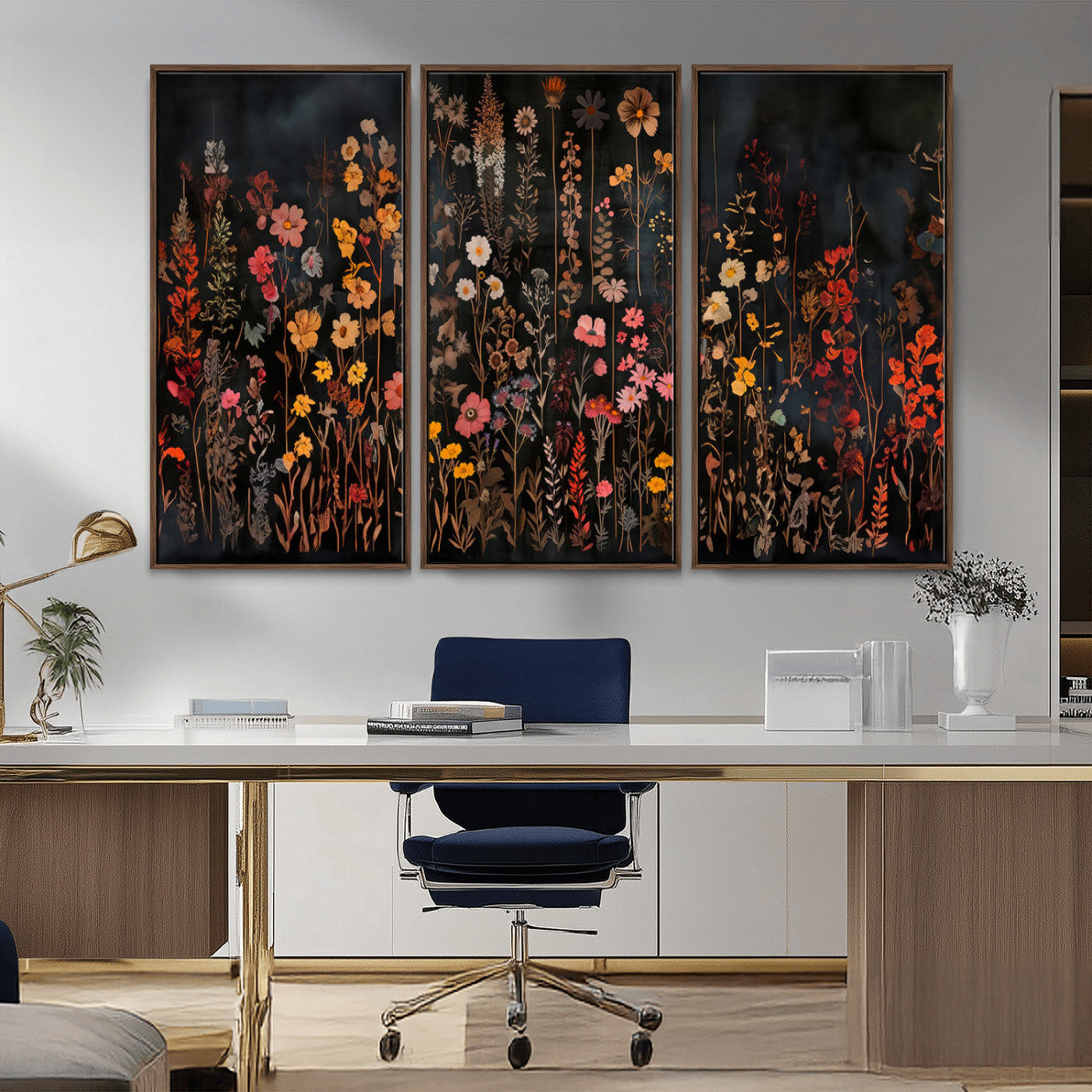 MGV-FC-48X32-3P - Dark Floral Canvas Wall Art - Moody Botanical Flower Print - Rustic Floral Wall Decor for Home -