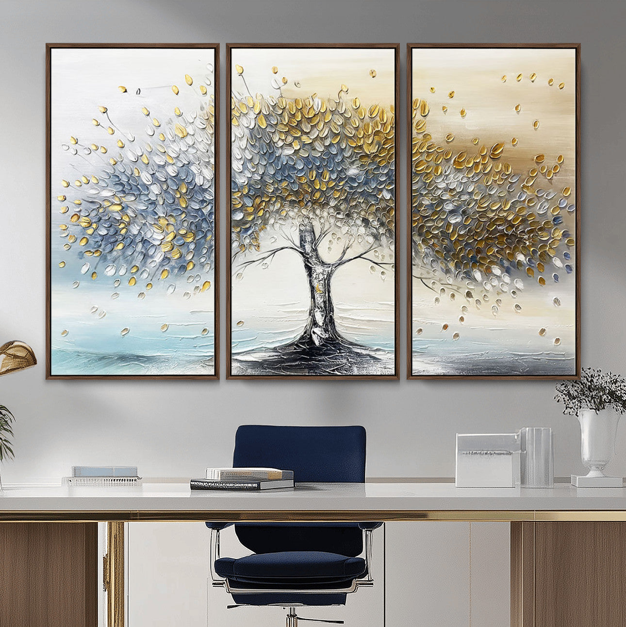 37744-MGV-CV-36X24-Golden and Silver Tree Wall Art – Framed Elegant Leaves Canvas Artwork, Modern Nature Design, Decor for Home, Office