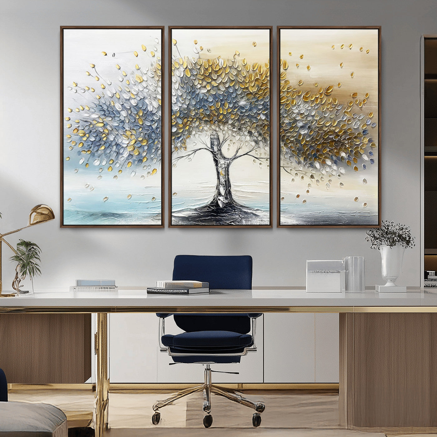 An elegant impasto painting featuring a tree with shimmering silver and gold leaves, blending soft pastels to create a calm and sophisticated atmosphere.