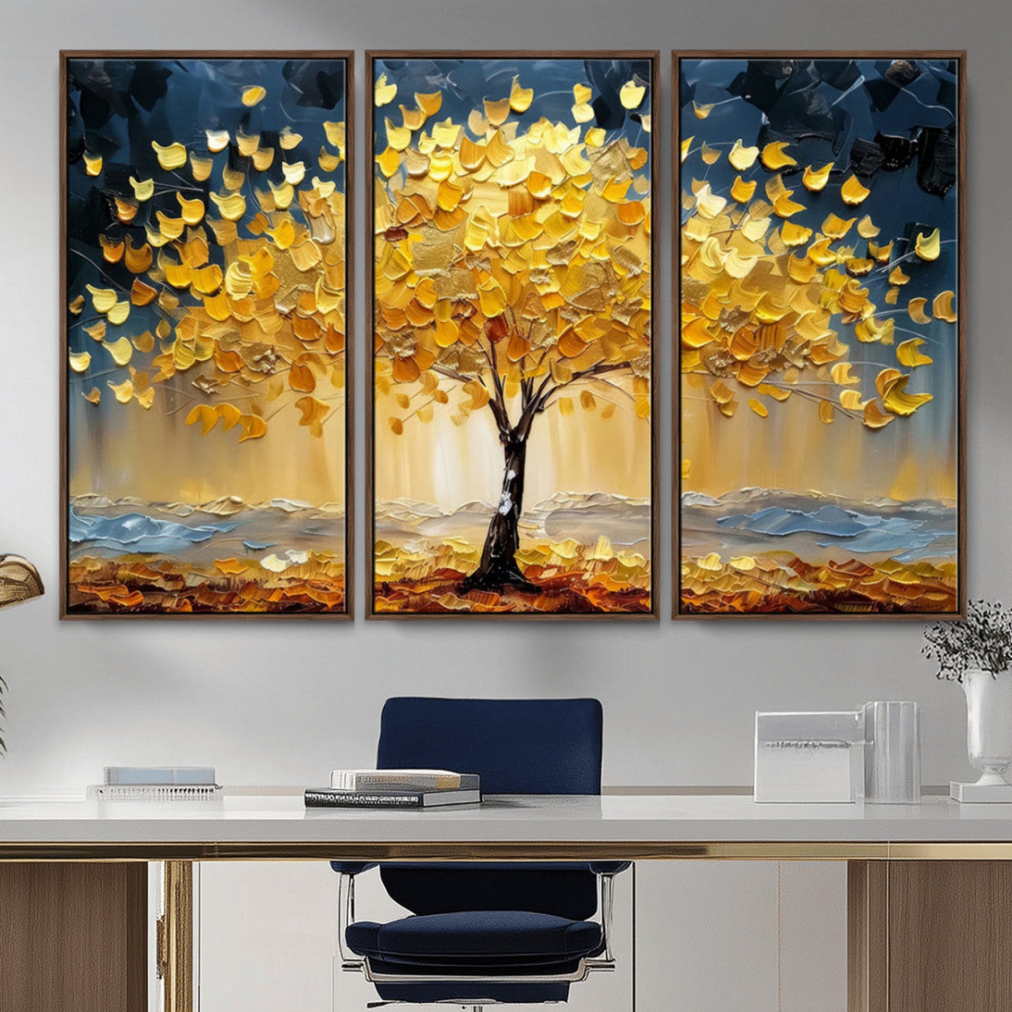 A stunning impasto painting captures the golden hues of autumn with a vibrant tree glowing against a dramatic blue and brown backdrop.