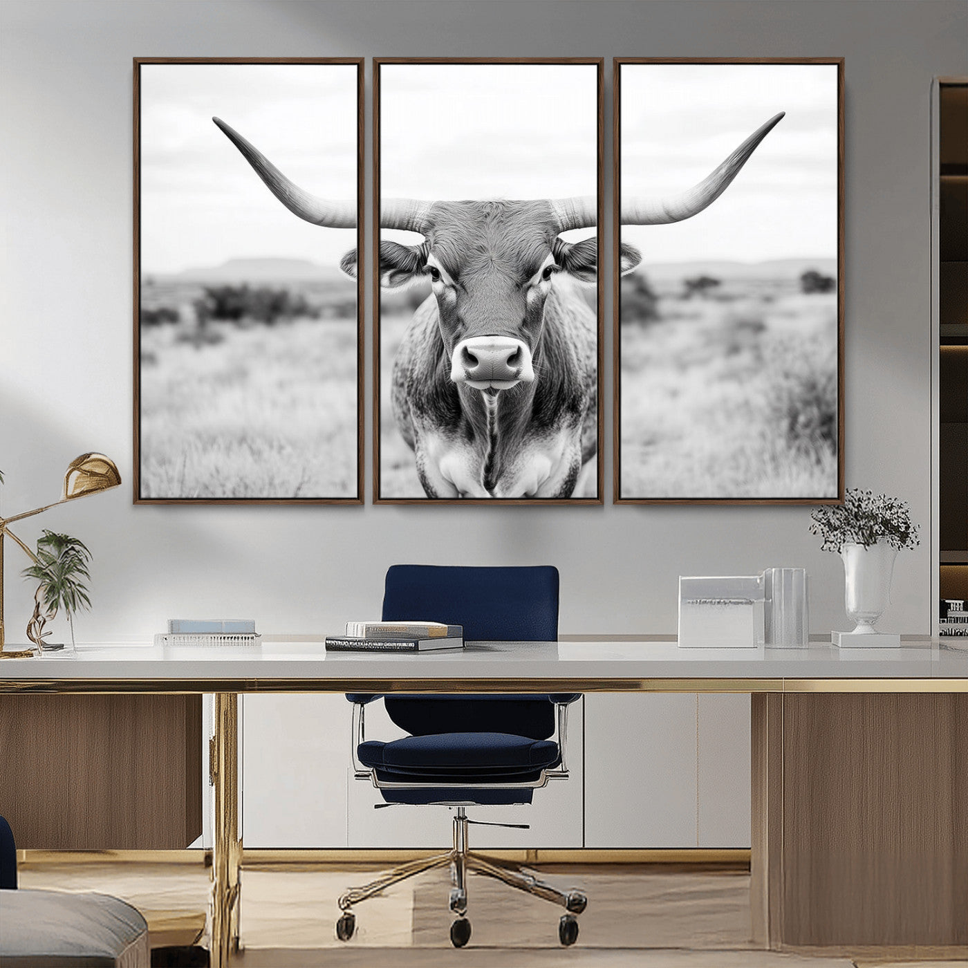 MGV-FC-48X32-3P - Highland Cow Wall Art Print - Black and White Texas Western Longhorn Canvas - Farmhouse Decor Print