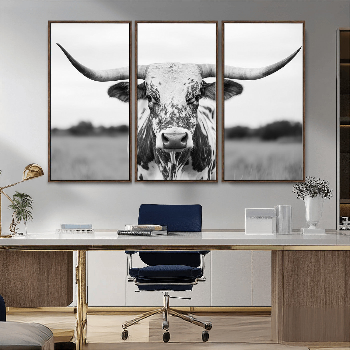 MGV-FC-48X32-3P - Highland Cow Wall Art - Black and White Western Longhorn Canvas Print - Farmhouse Living Room Decor