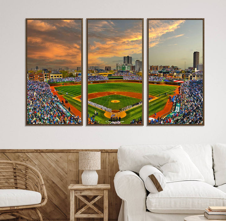 Aerial view of Wrigley Field at sunset against a vibrant sky, creating the perfect Chicago Wrigley Field Canvas Wall Art.