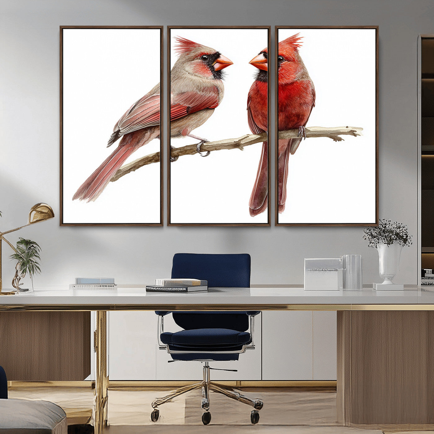 MGV-FC-48X32-3P - Cardinal Bird Canvas Wall Art - Male and Female Cardinal Print - Abstract Bird Wall Decor for Home -
