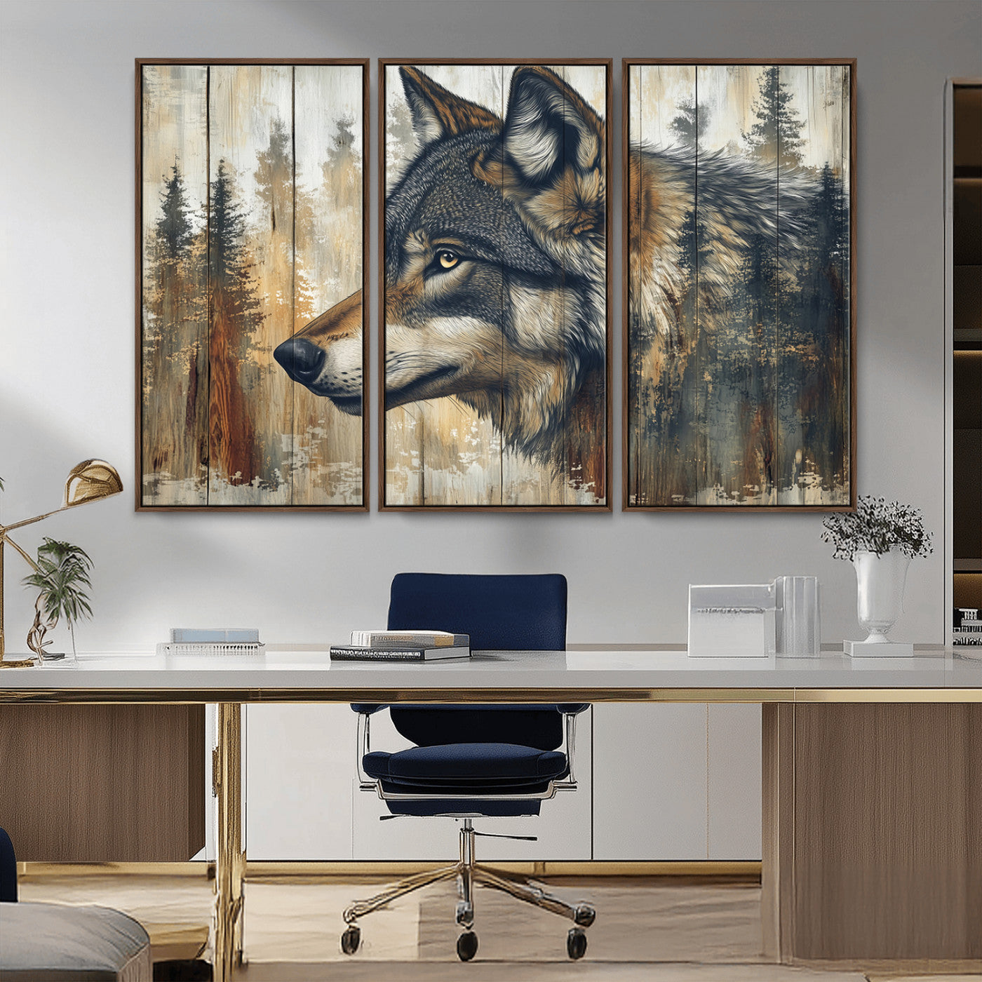 MGV-FC-48X32-3P - Rustic Wolf Wall Art Canvas Print, Vintage Woodland Wolf Wall Art