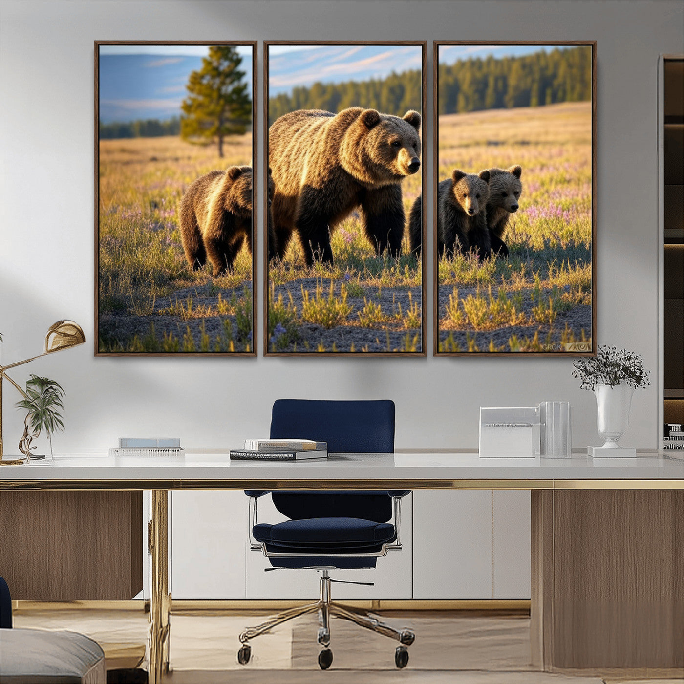 MGV-FC-48X32-3P - Grizzly 399 in Wild Flowers Wall Art Canvas Print, Grizzly Bears Wall Art, Queen of Grand Teton