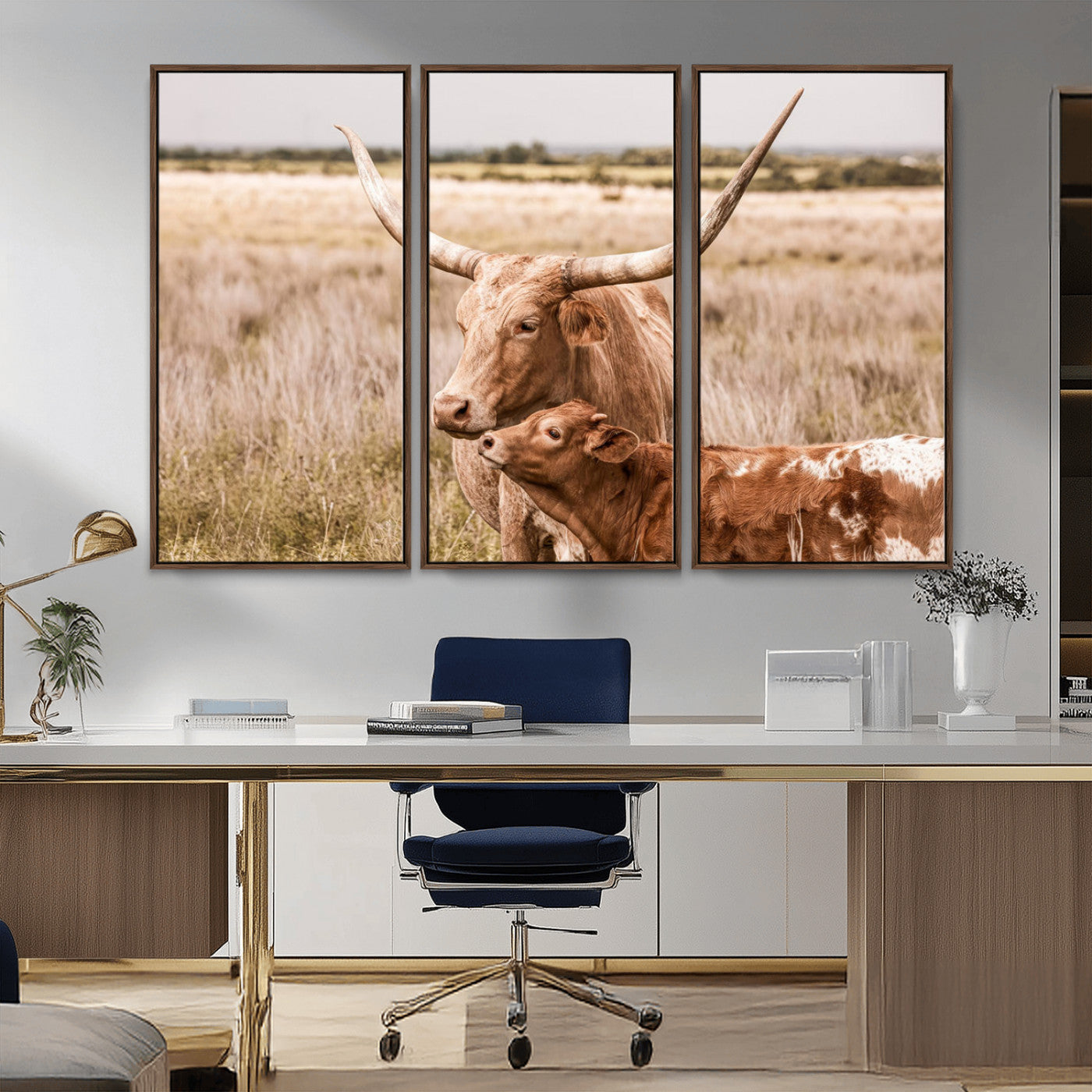 MGV-FC-48X32-3P - Texas Longhorn Cow Wall Art Canvas Print for Farmhouse Wall Art, Texas Decor, Western Wall Art Print