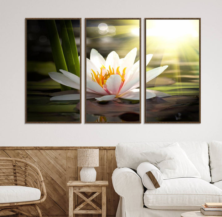 The Lotus Flower Wall Art Canvas Print showcases a white water lily with a yellow center floating gracefully in sunlight.