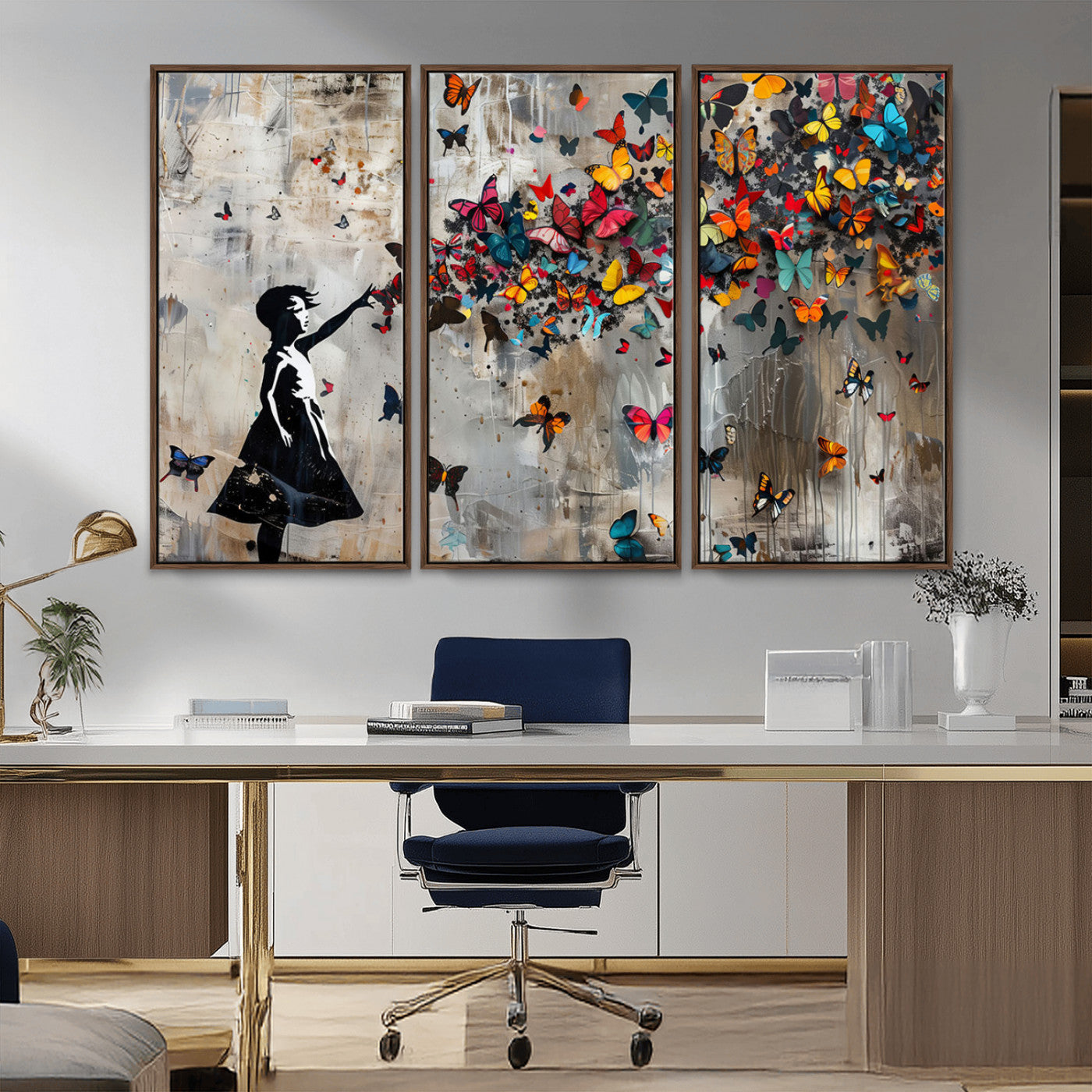 MGV-FC-48X32-3P - Framed Banksy Butterfly Girl Wall Art ,3-Piece Butterfly Girl Canvas, Modern Graffiti Canvas Print