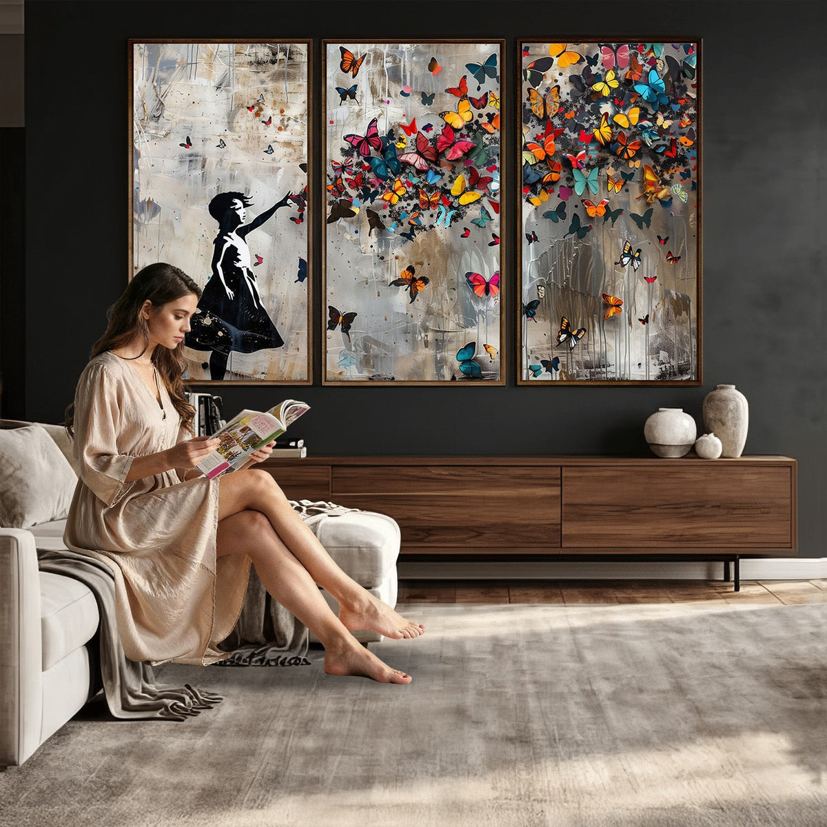 51446D-MGV-CV-24X16 - Banksy Butterfly Girl Wall Art | Modern Graffiti Canvas Print, Street Art Decor