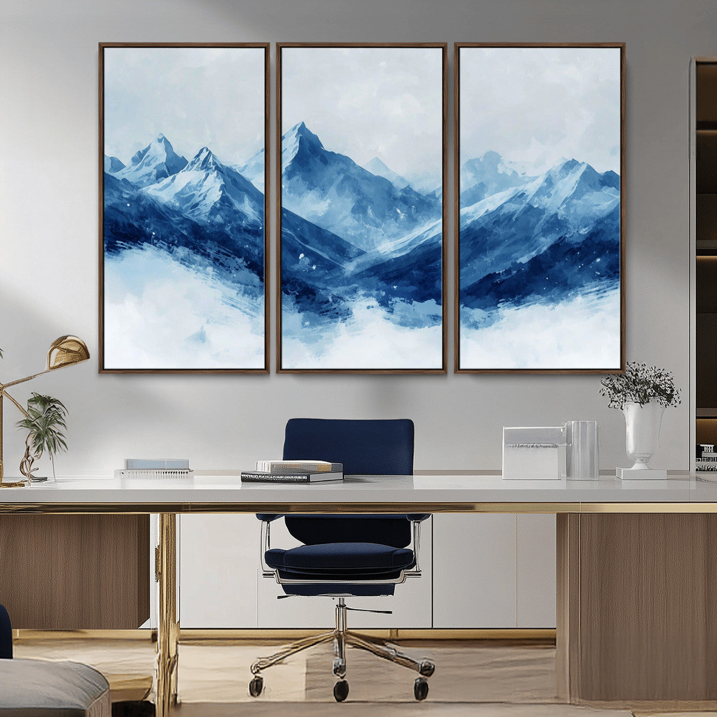 Peaceful watercolor-style painting of snowy blue mountains in soft tones, perfect for winter-themed or minimalist wall decor.