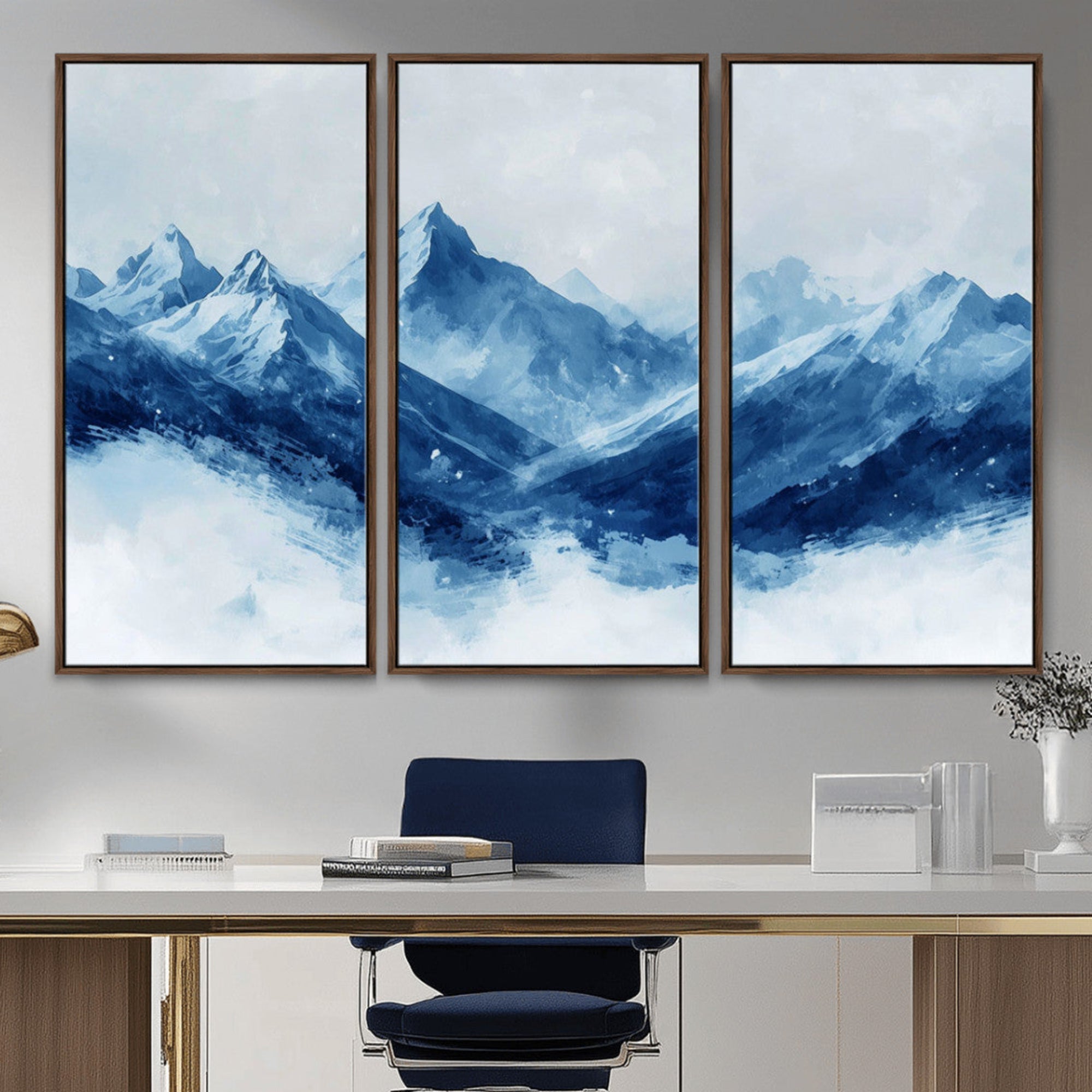 Peaceful watercolor-style painting of snowy blue mountains in soft tones, perfect for winter-themed or minimalist wall decor.