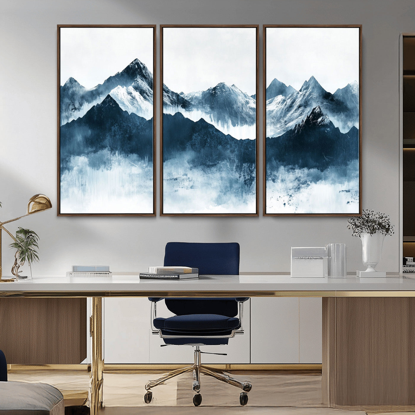 Abstract blue-toned canvas of snowy mountains in misty tones, ideal for minimalist or moody alpine-inspired home decor.