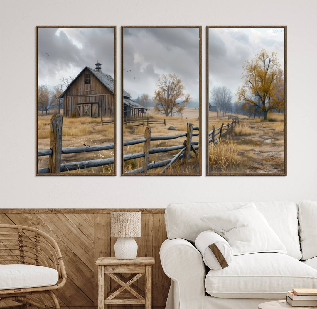 Rustic Autumn Farmhouse Wall Art – Weathered Barn & Trees Canvas Print, featuring a serene scene with birds in the sky. This piece is ready to hang.