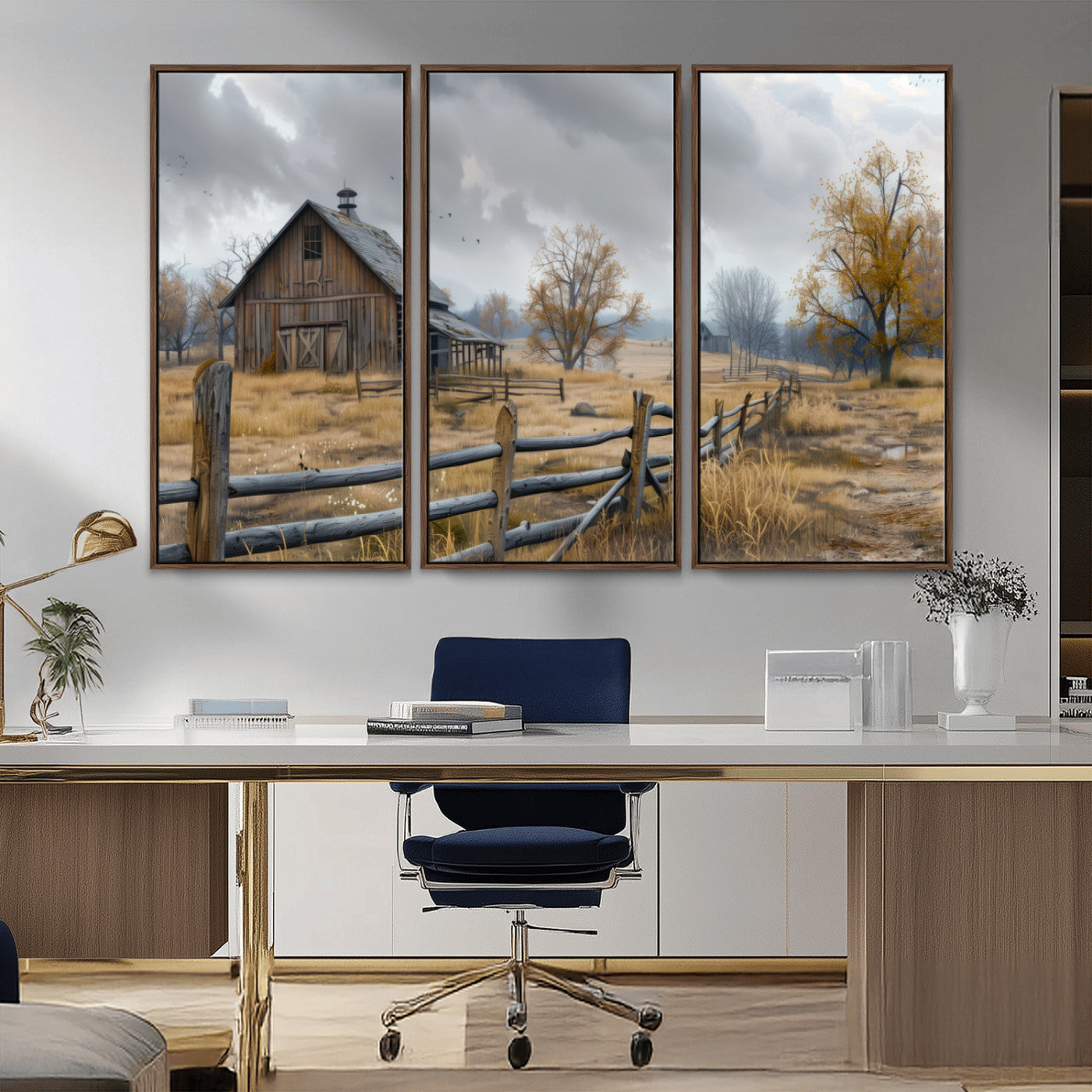 MGV-FC-48X32-3P - Rustic Autumn Farmhouse Wall Art Canvas Print – Serene Countryside Scene with Weathered Barn and