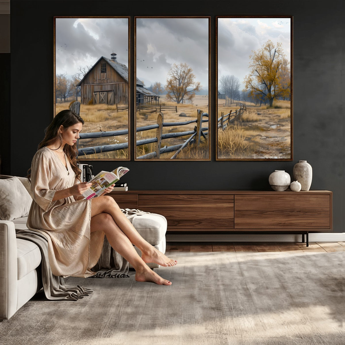Farm1-MGV-CV-24X16 - Rustic Autumn Farmhouse Wall Art Canvas Print | Serene Countryside with Weathered Barn