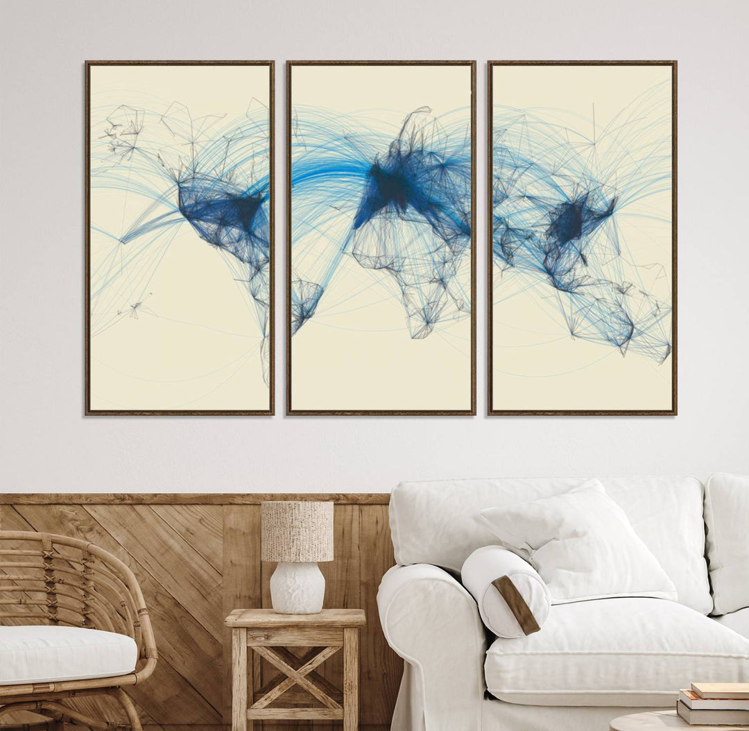 Flight Routes Map: Air Traffic Avi World Map featuring blue lines symbolizing global data. Ideal for home decor and ready to hang.