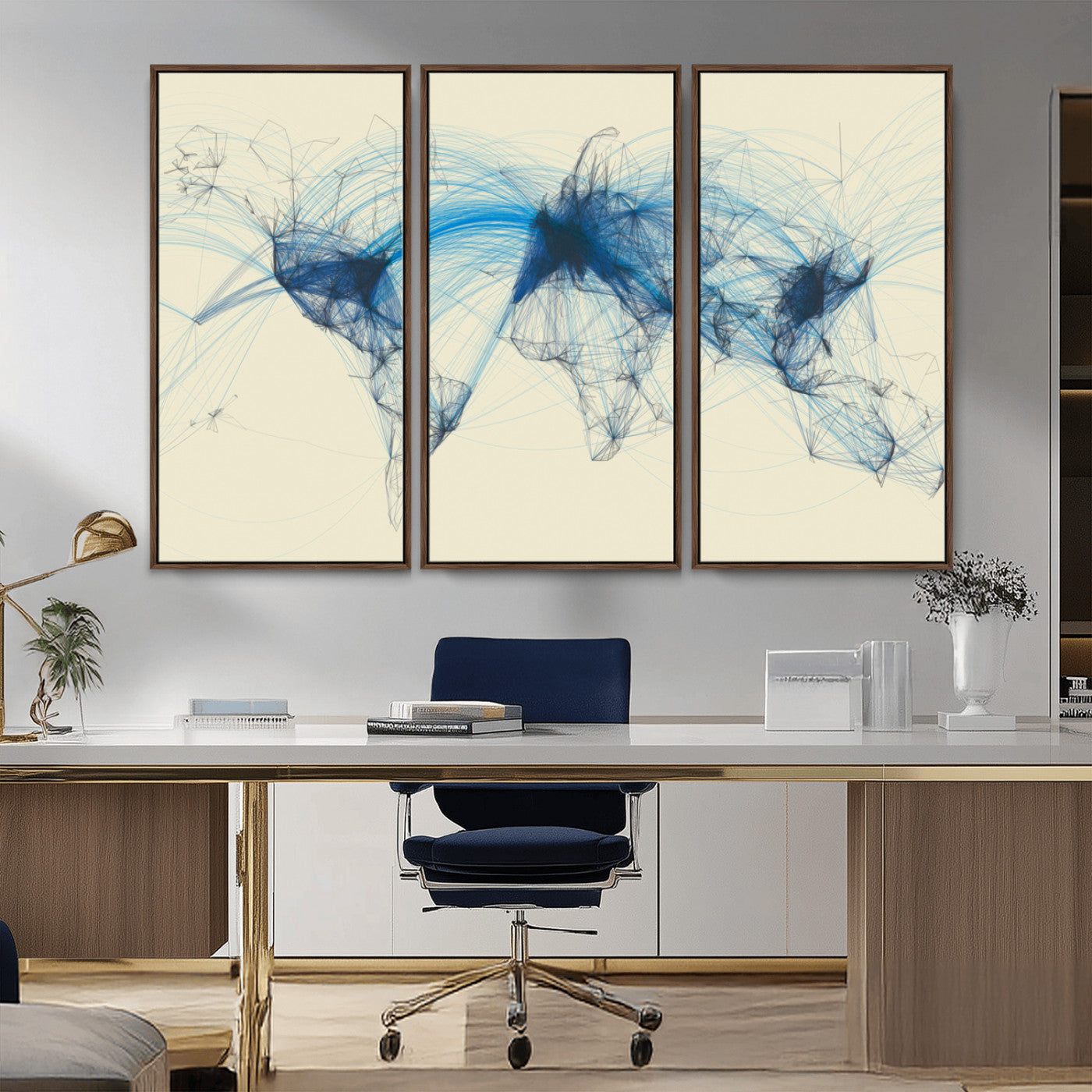 MGV-FC-48X32-3P - Flight Routes Map art Air Traffic Avi World Map with Blue Connections Canvas Wall Art – Modern