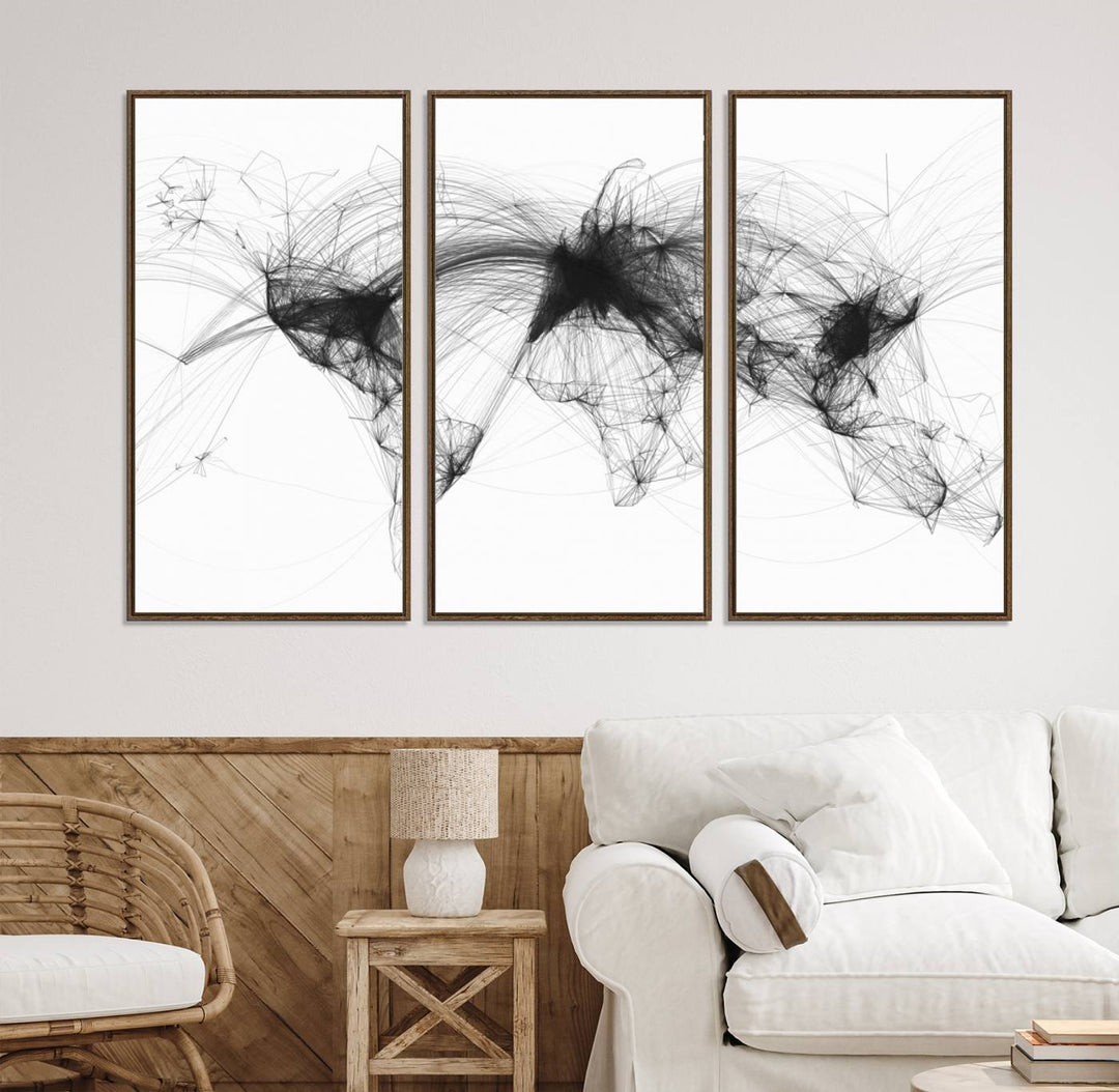 The Flight Routes Air Traffic canvas wall art, framed and ready to hang, is perfect for aviation enthusiasts.